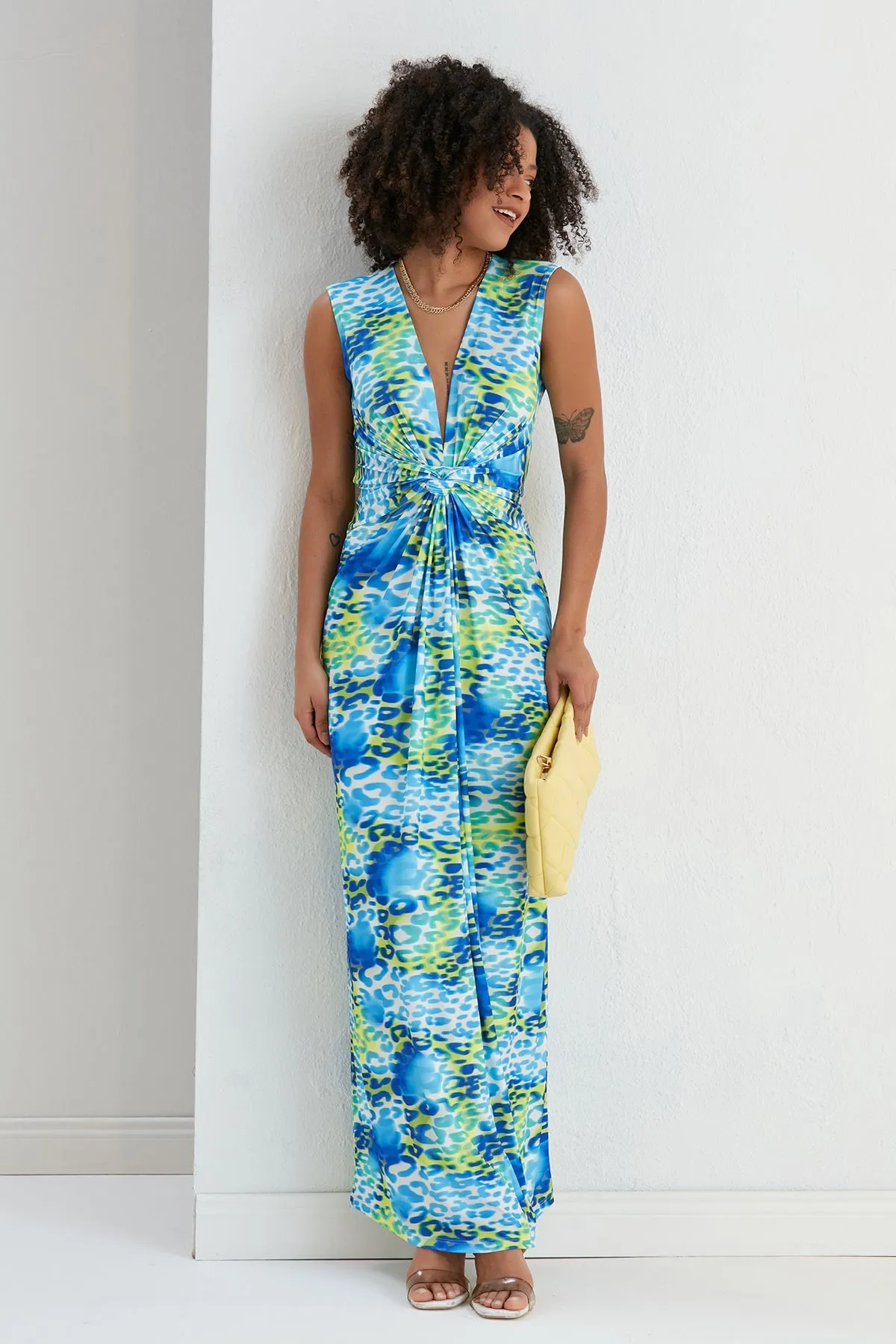 Ella Twist Maxi Dress in Blue Leopard Print