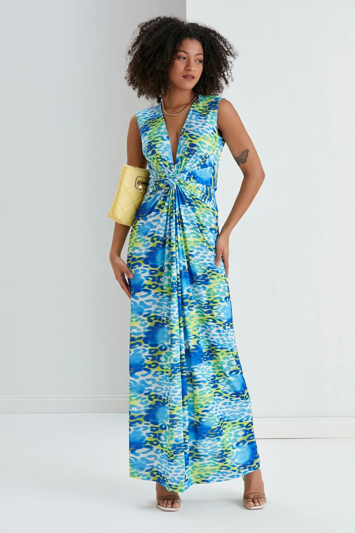 Ella Twist Maxi Dress in Blue Leopard Print