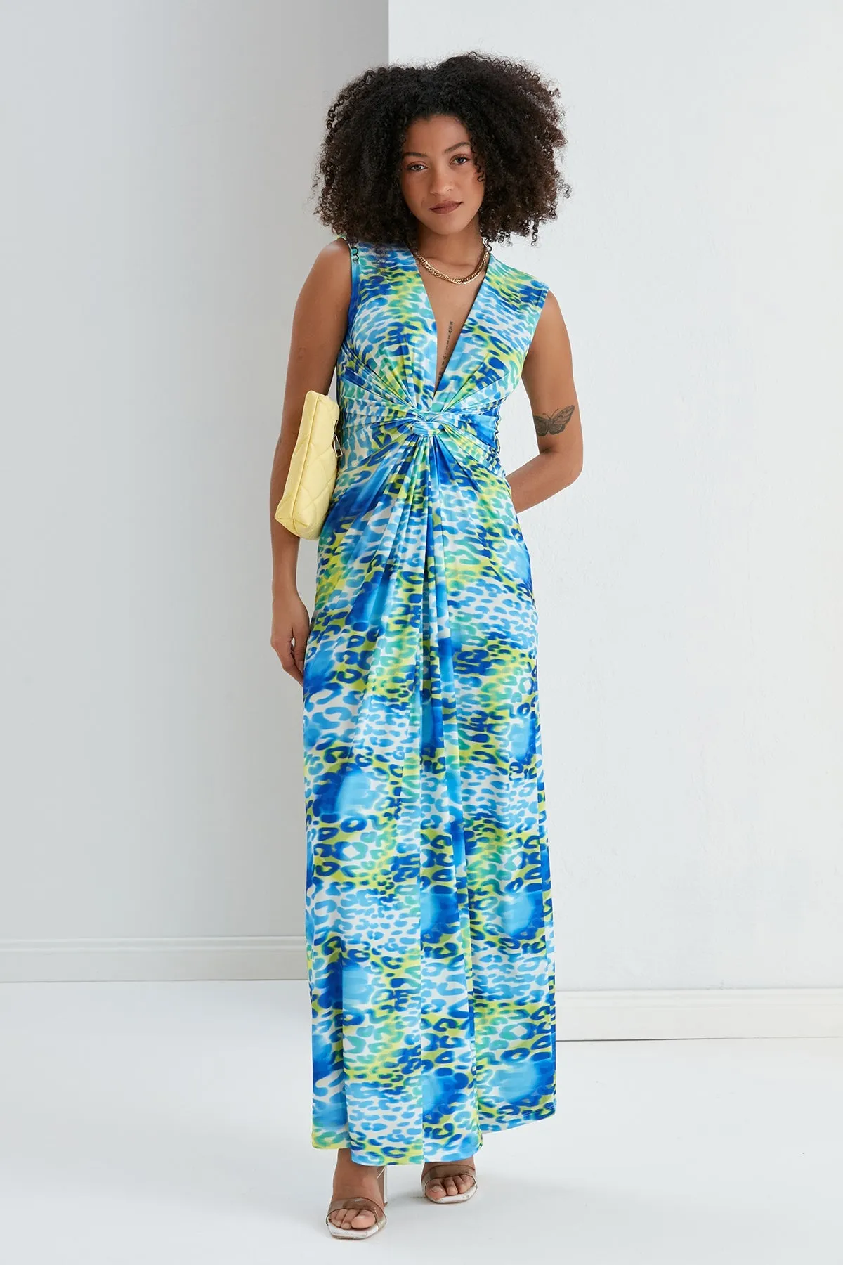 Ella Twist Maxi Dress in Blue Leopard Print