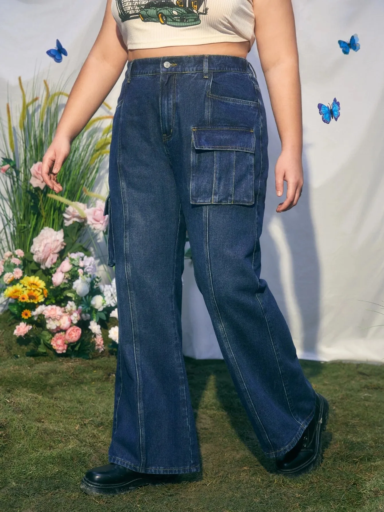 Flap Pocket Cargo Jeans For Plus Sizes
