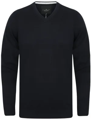 Gotha V Neck Cotton Jumper In Dark Navy - Dissident