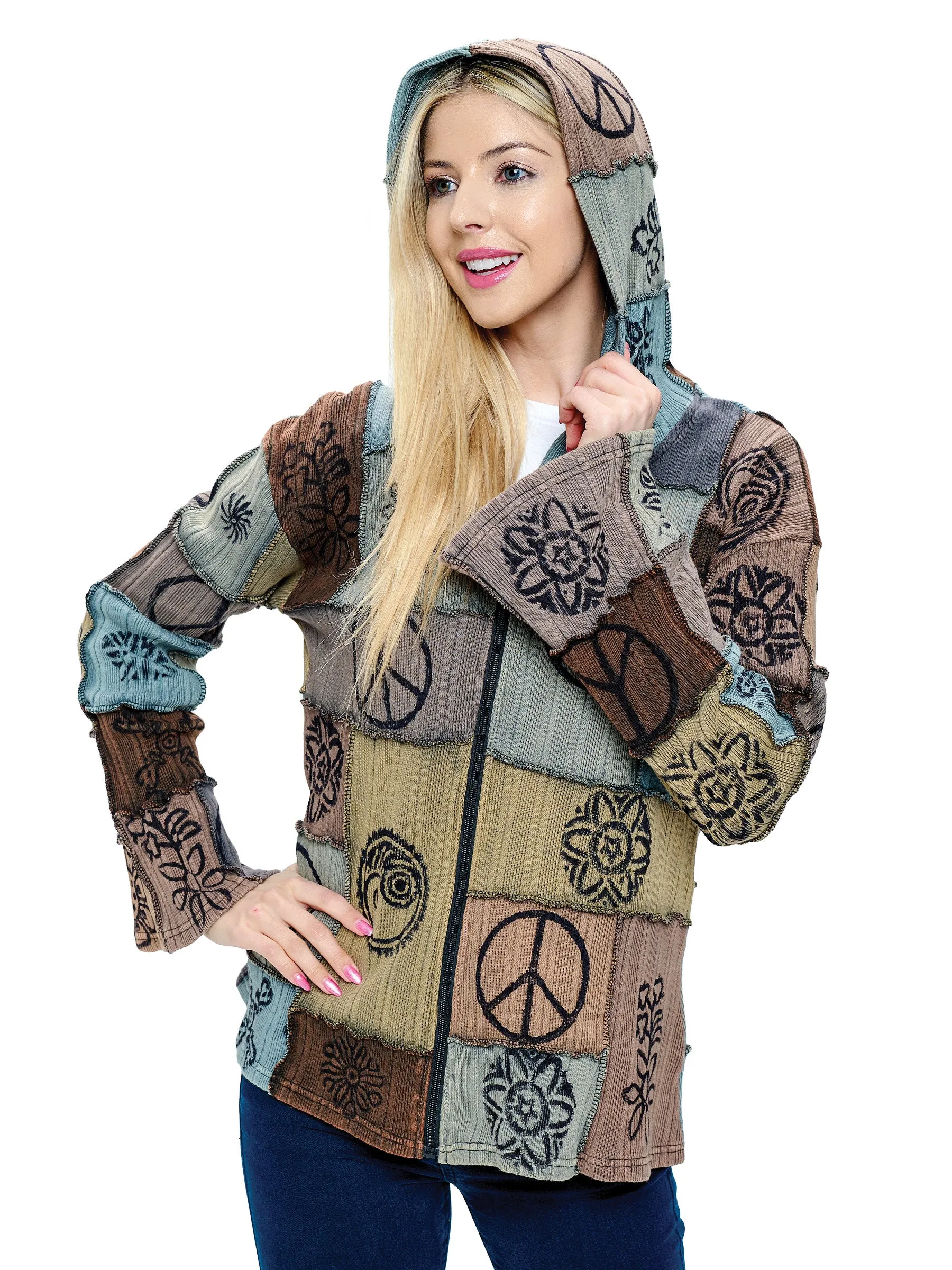 Green Hooded Jacket Hippie Patchwork Hand Printed
