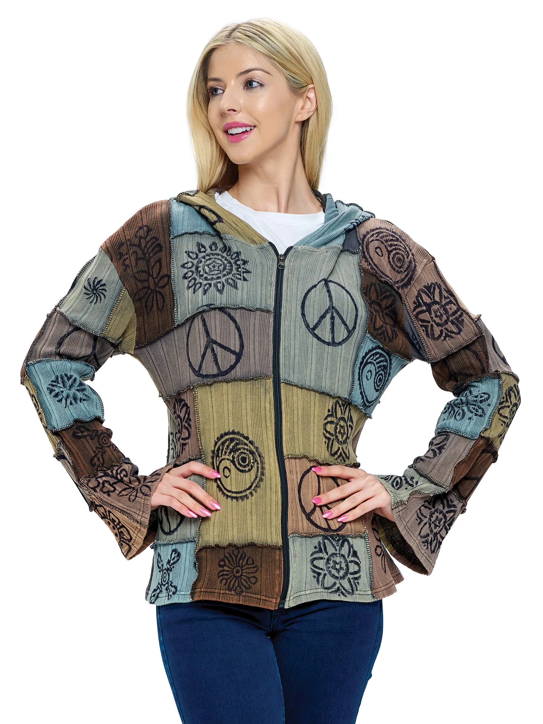 Green Hooded Jacket Hippie Patchwork Hand Printed