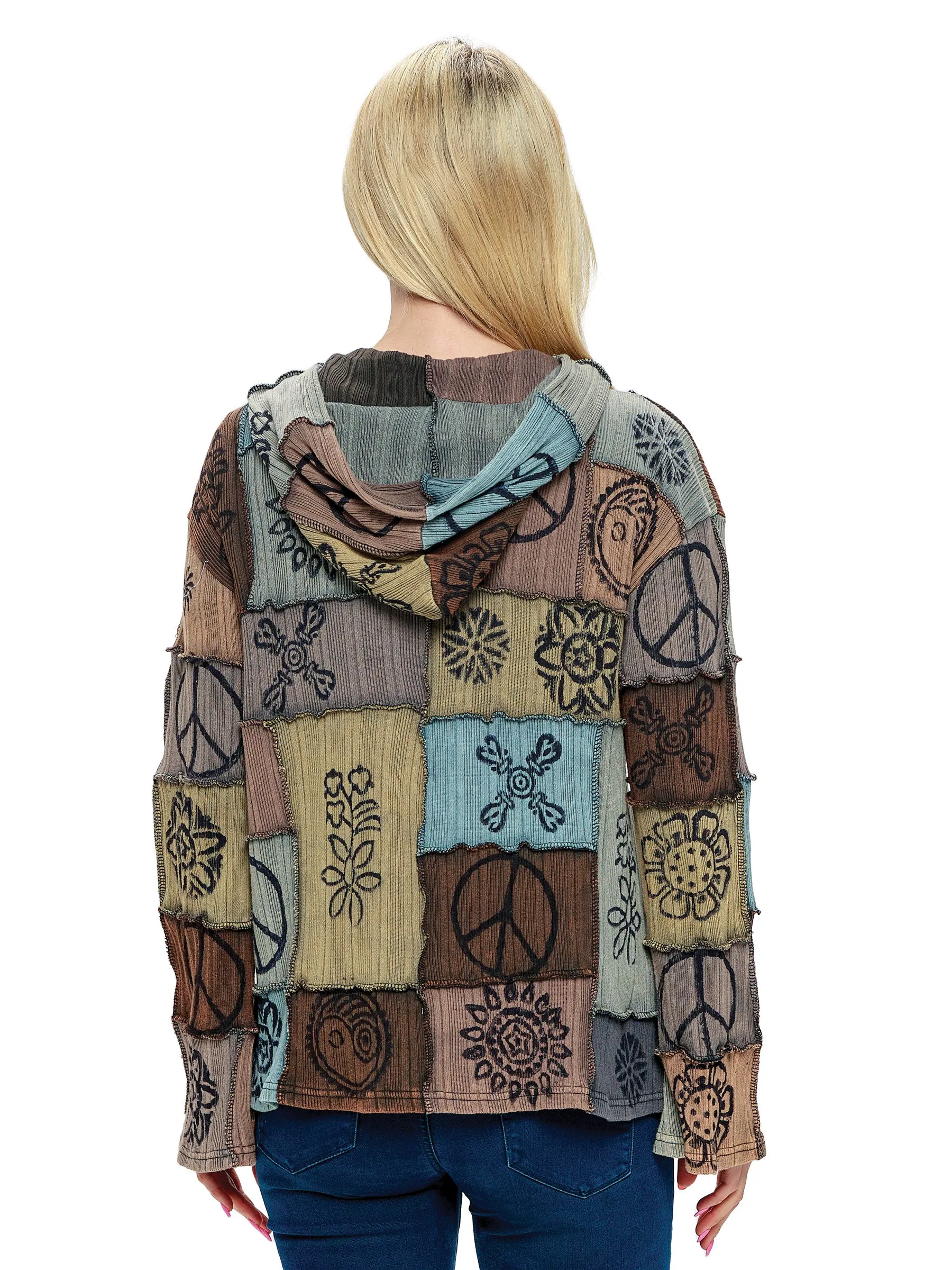 Green Hooded Jacket Hippie Patchwork Hand Printed