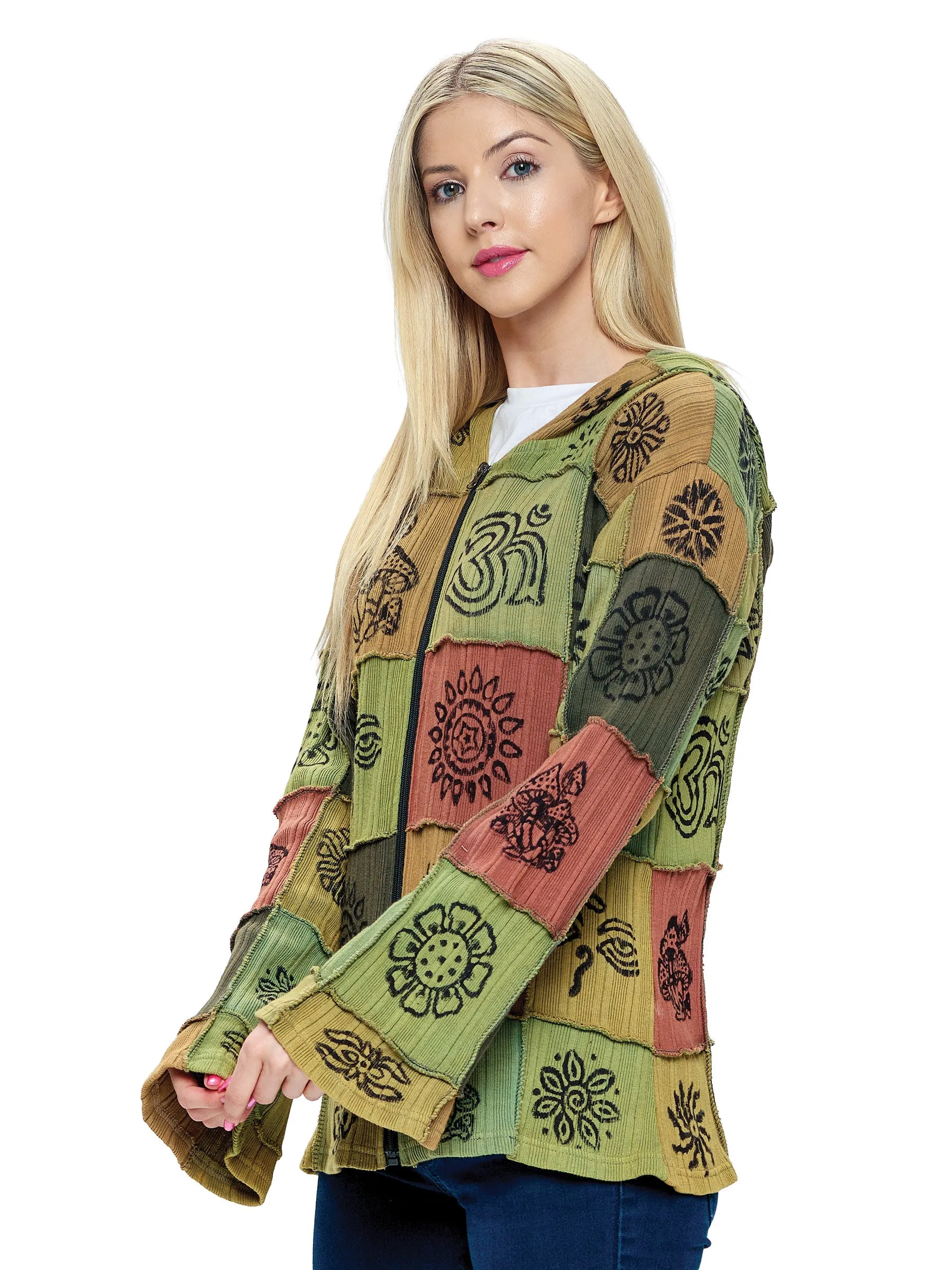 Green Hooded Jacket Hippie Patchwork Hand Printed