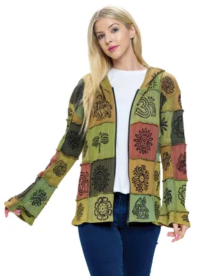 Green Hooded Jacket Hippie Patchwork Hand Printed