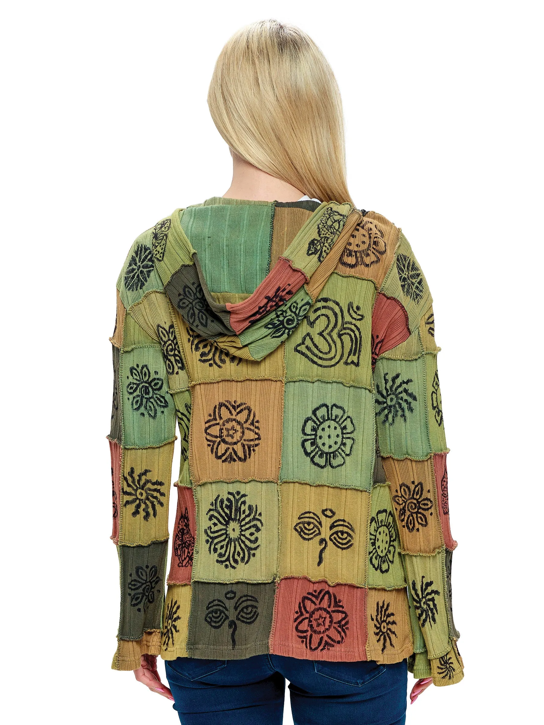 Green Hooded Jacket Hippie Patchwork Hand Printed