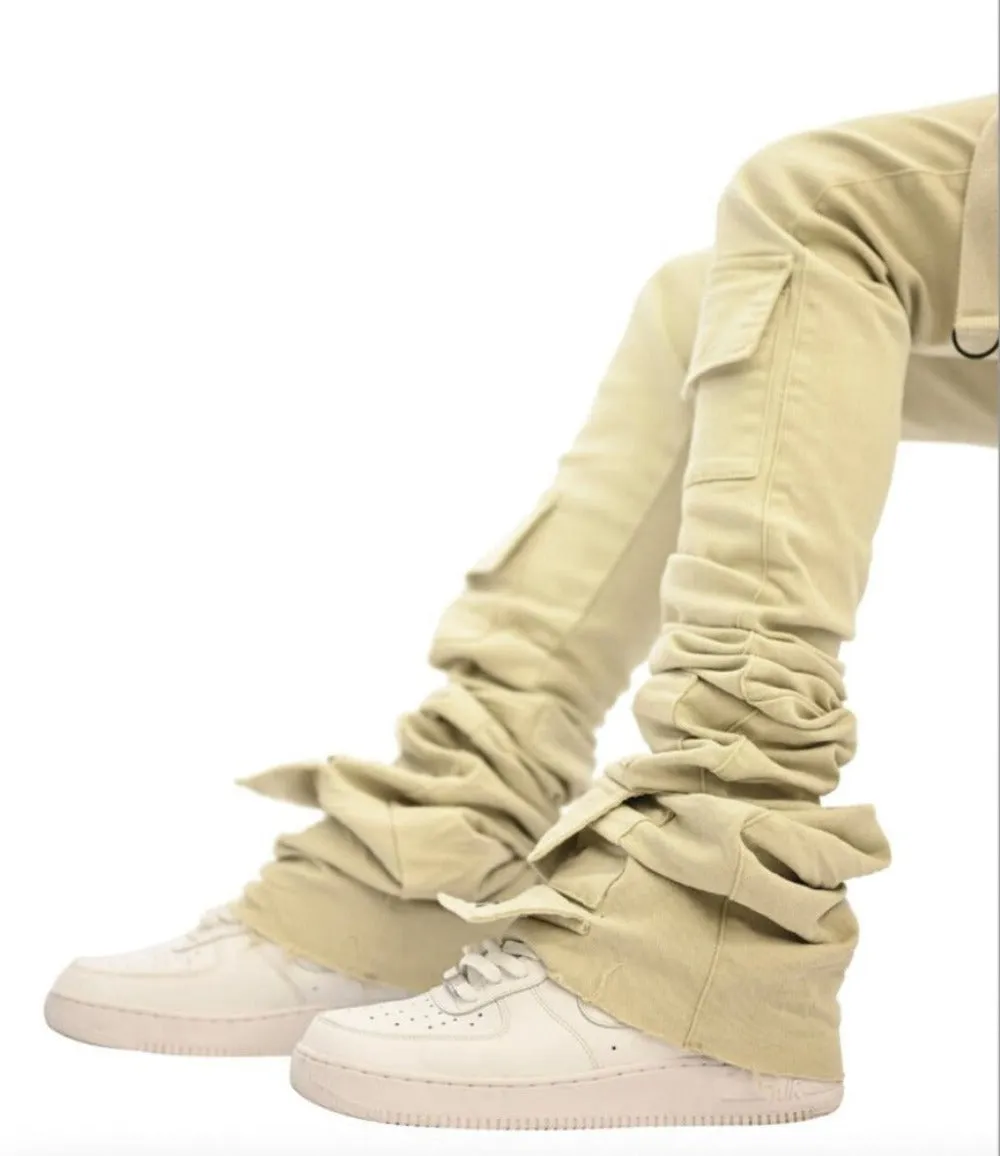 Gunner-Khaki Super Stacked Cargo Pants with Straps