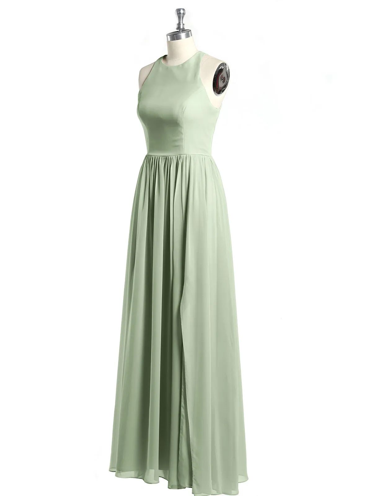 Halter Chiffon Simple Dress with Slit Dusty Sage