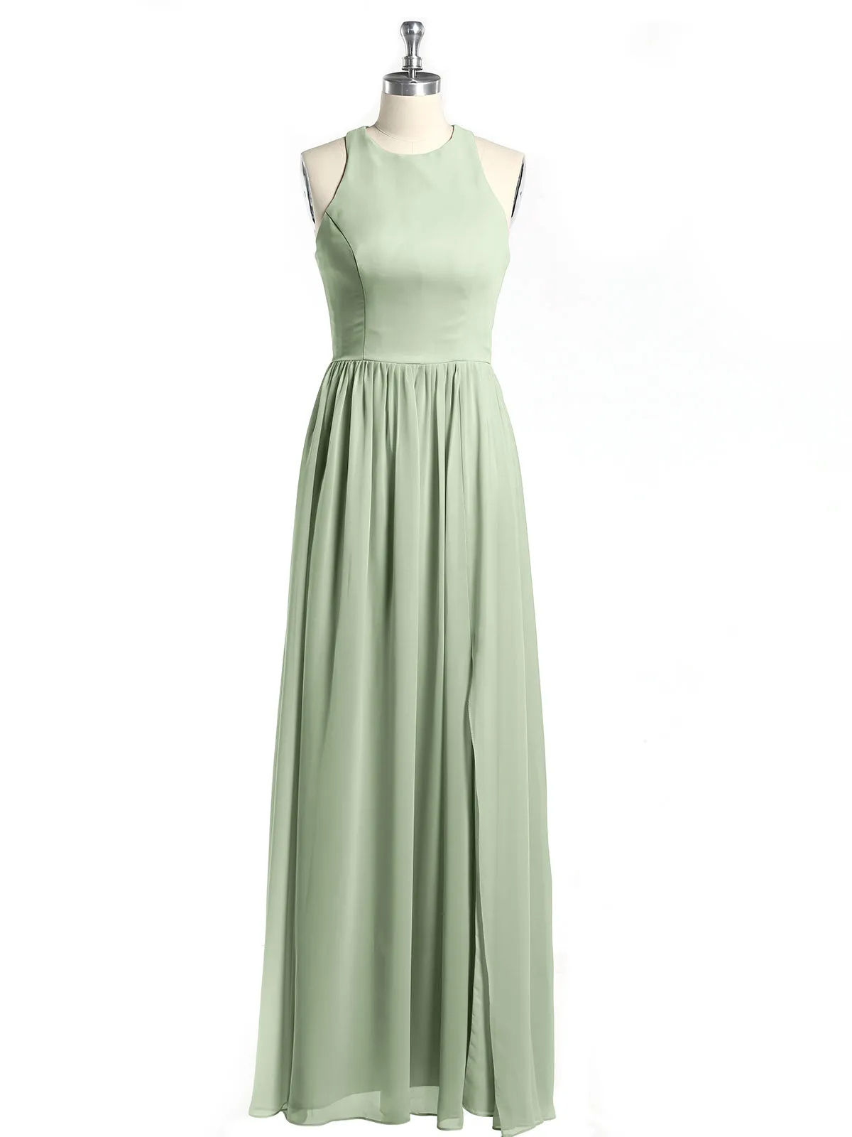 Halter Chiffon Simple Dress with Slit Dusty Sage