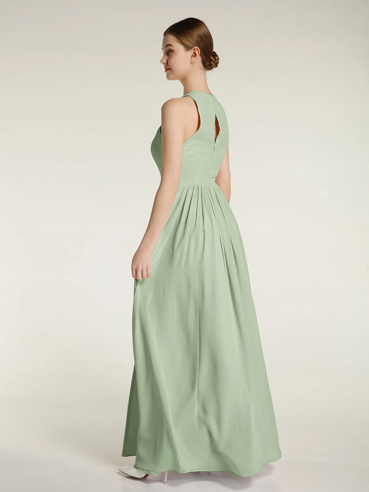 Halter Chiffon Simple Dress with Slit Dusty Sage