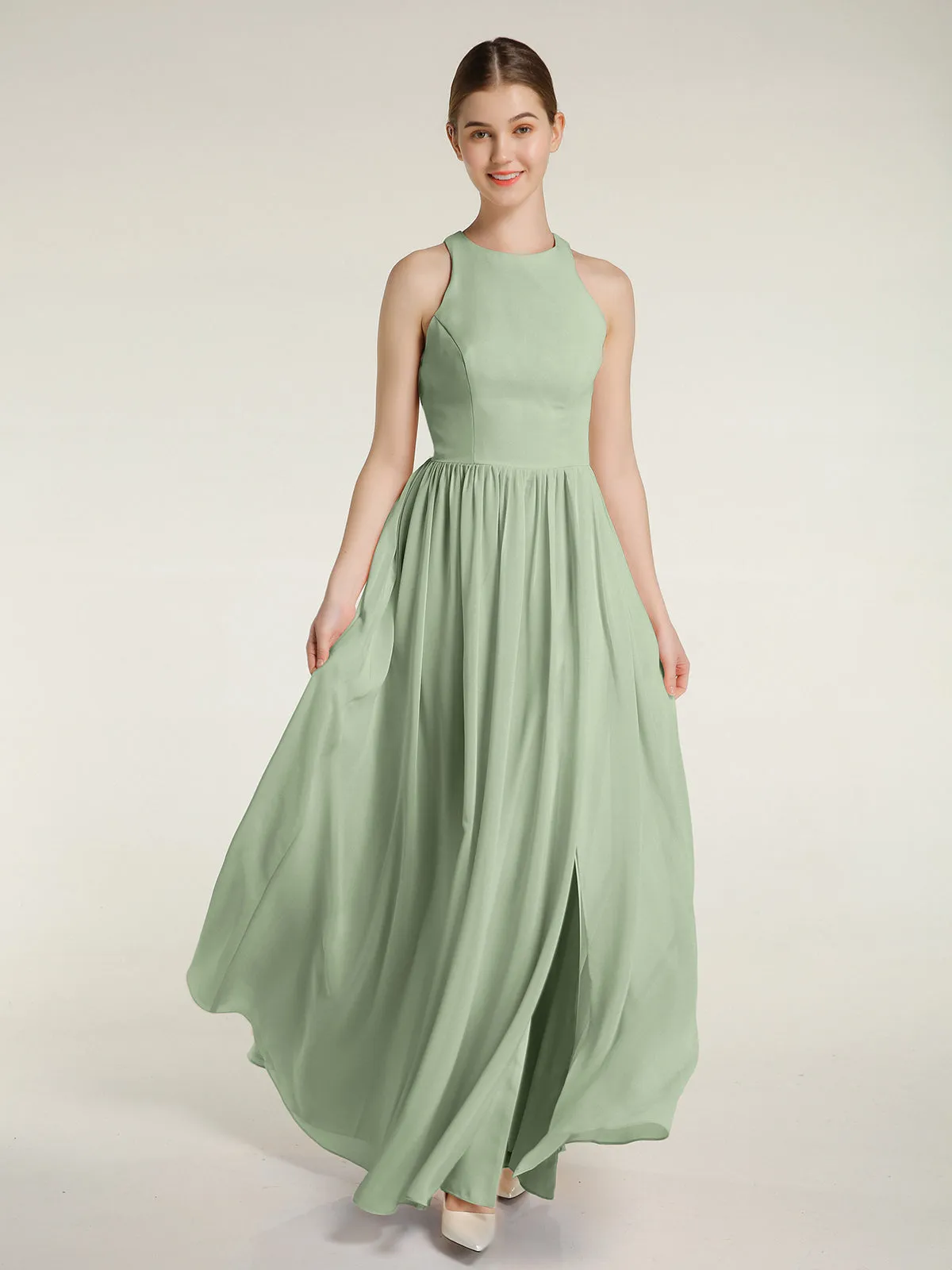 Halter Chiffon Simple Dress with Slit Dusty Sage