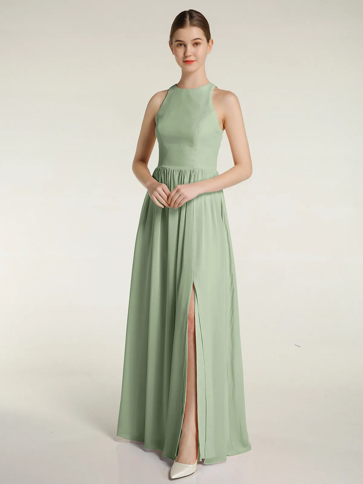 Halter Chiffon Simple Dress with Slit Dusty Sage