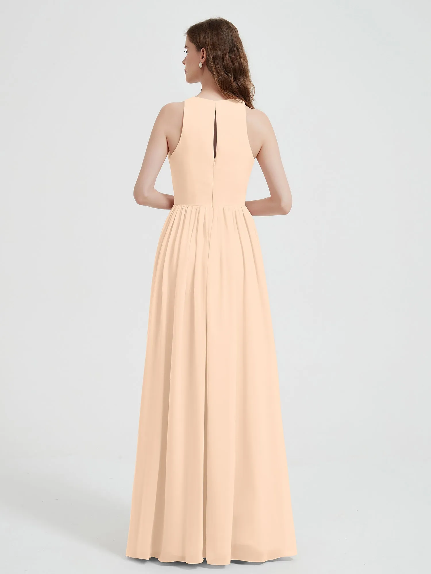 Halter Chiffon Simple Dress with Slit Peach Plus Size
