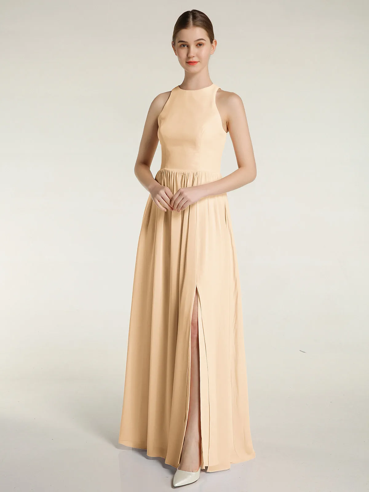 Halter Chiffon Simple Dress with Slit Peach Plus Size
