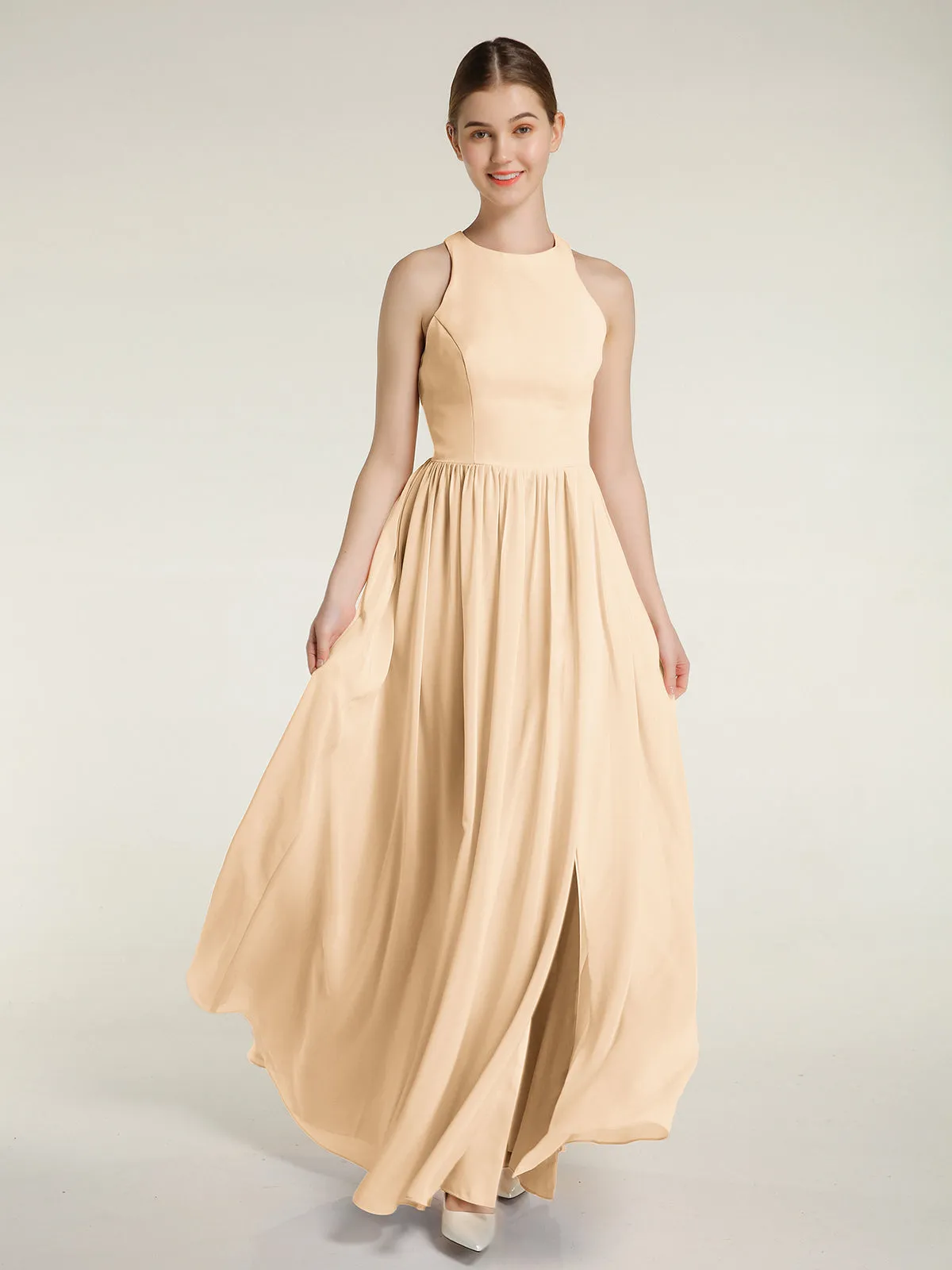 Halter Chiffon Simple Dress with Slit Peach Plus Size