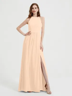 Halter Chiffon Simple Dress with Slit Peach Plus Size