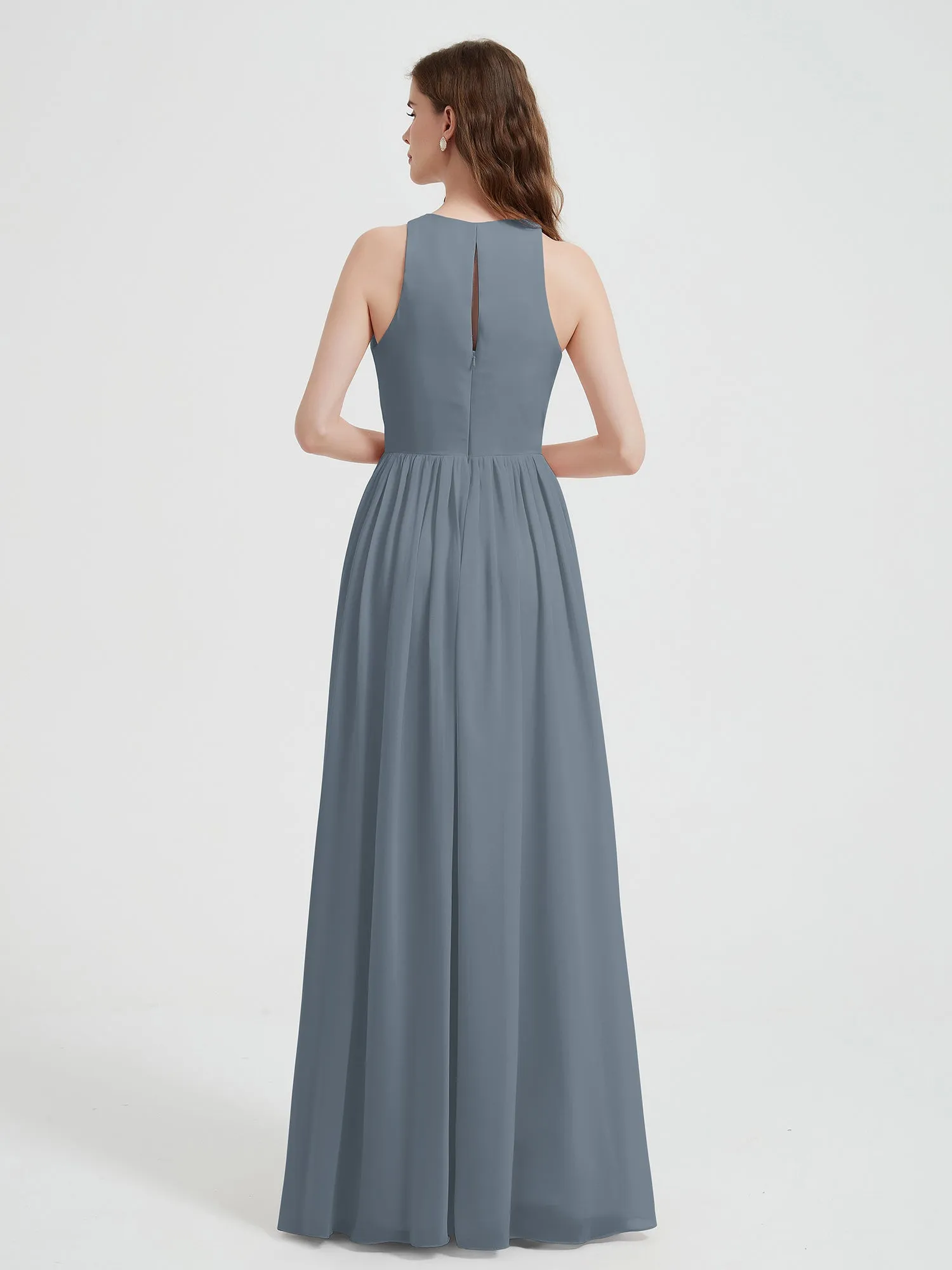 Halter Chiffon Simple Dress with Slit Slate Blue