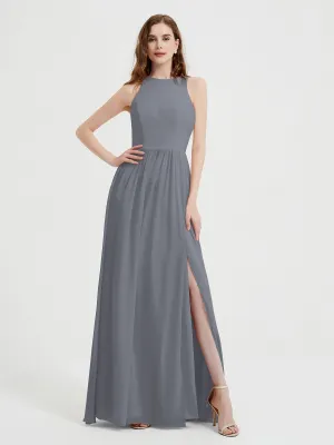 Halter Chiffon Simple Dress with Slit Steel Grey