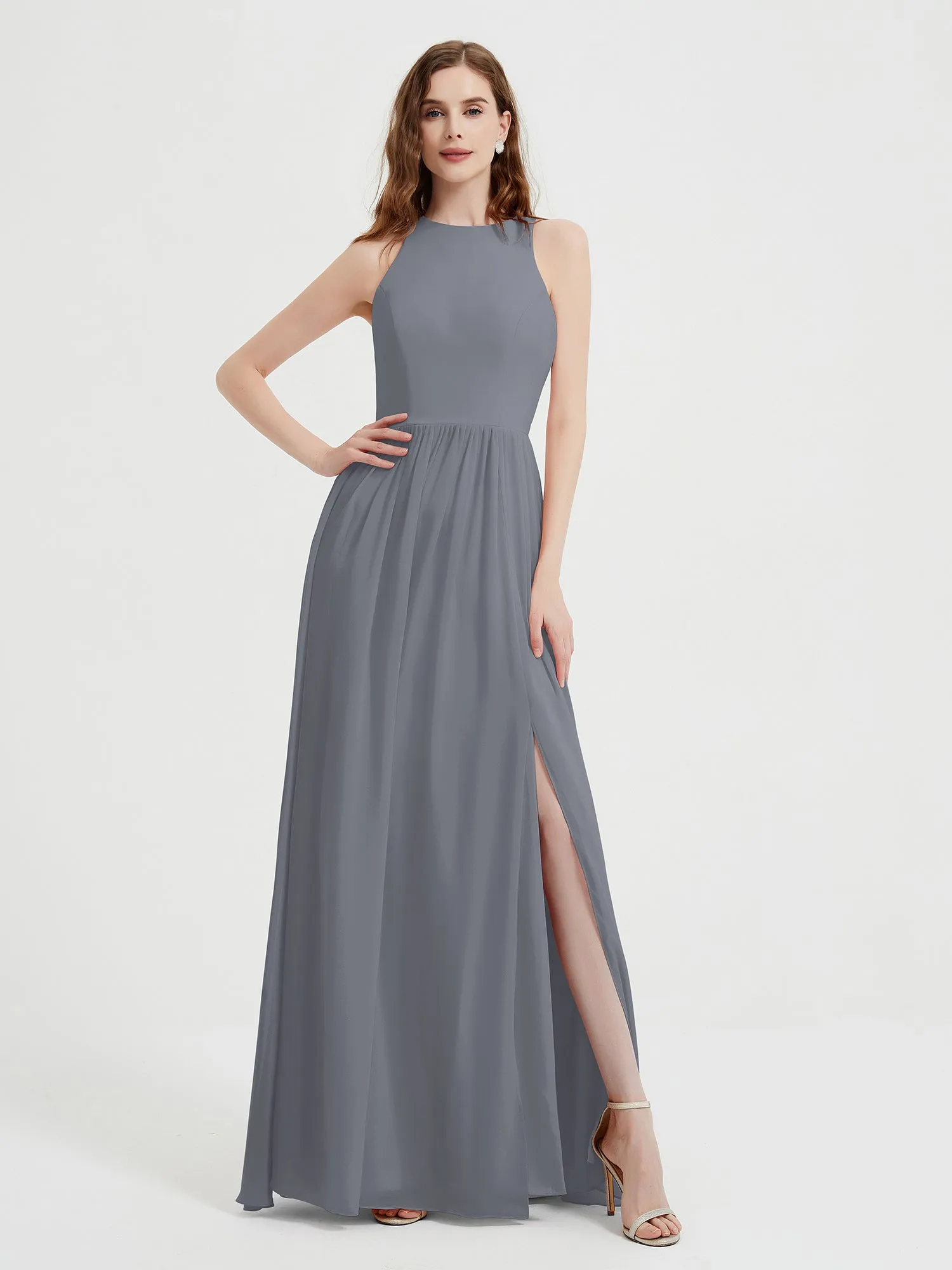 Halter Chiffon Simple Dress with Slit Steel Grey
