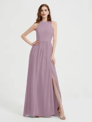 Halter Chiffon Simple Dress with Slit Vintage Mauve