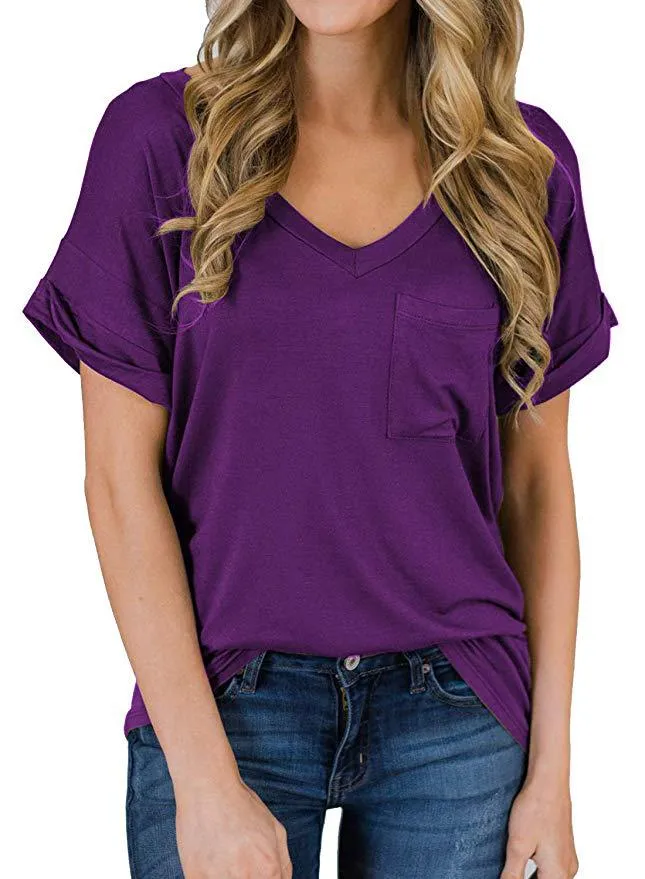 Haute Edition Women's Loose Relaxed Fit V-Neck Summer Top T-Shirt With Pocket