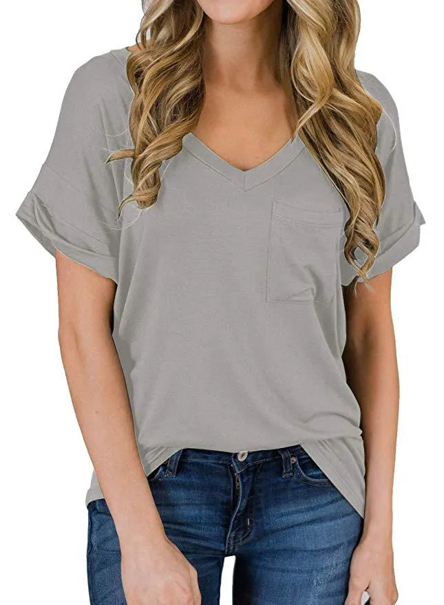 Haute Edition Women's Loose Relaxed Fit V-Neck Summer Top T-Shirt With Pocket