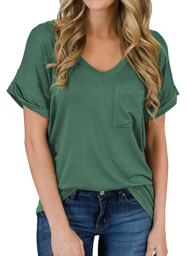 Haute Edition Women's Loose Relaxed Fit V-Neck Summer Top T-Shirt With Pocket