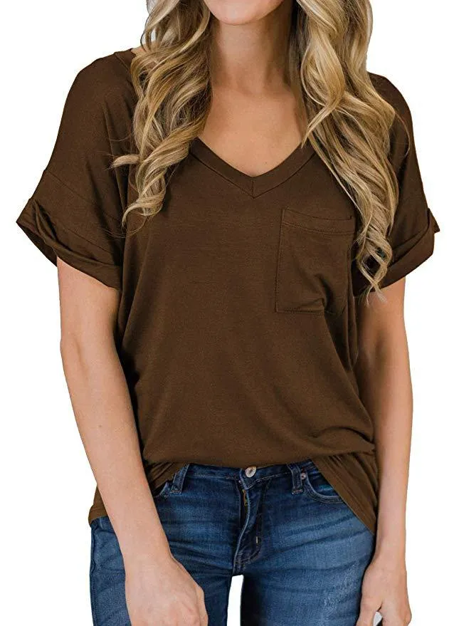 Haute Edition Women's Loose Relaxed Fit V-Neck Summer Top T-Shirt With Pocket