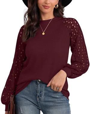 Hisir Basic Women's Waffle Knit Blouse Ballon Long Sleeve Lace Tops Casual Loose T Shirts
