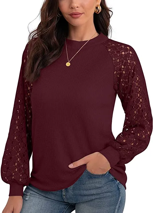 Hisir Basic Women's Waffle Knit Blouse Ballon Long Sleeve Lace Tops Casual Loose T Shirts