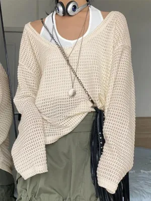 Joskaa Cutout V Neck Loose Long Sleeve Knit