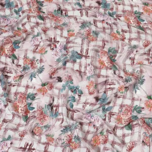 Light rose pink synthetic crepe fabric with multicolor print in floral design-D7639