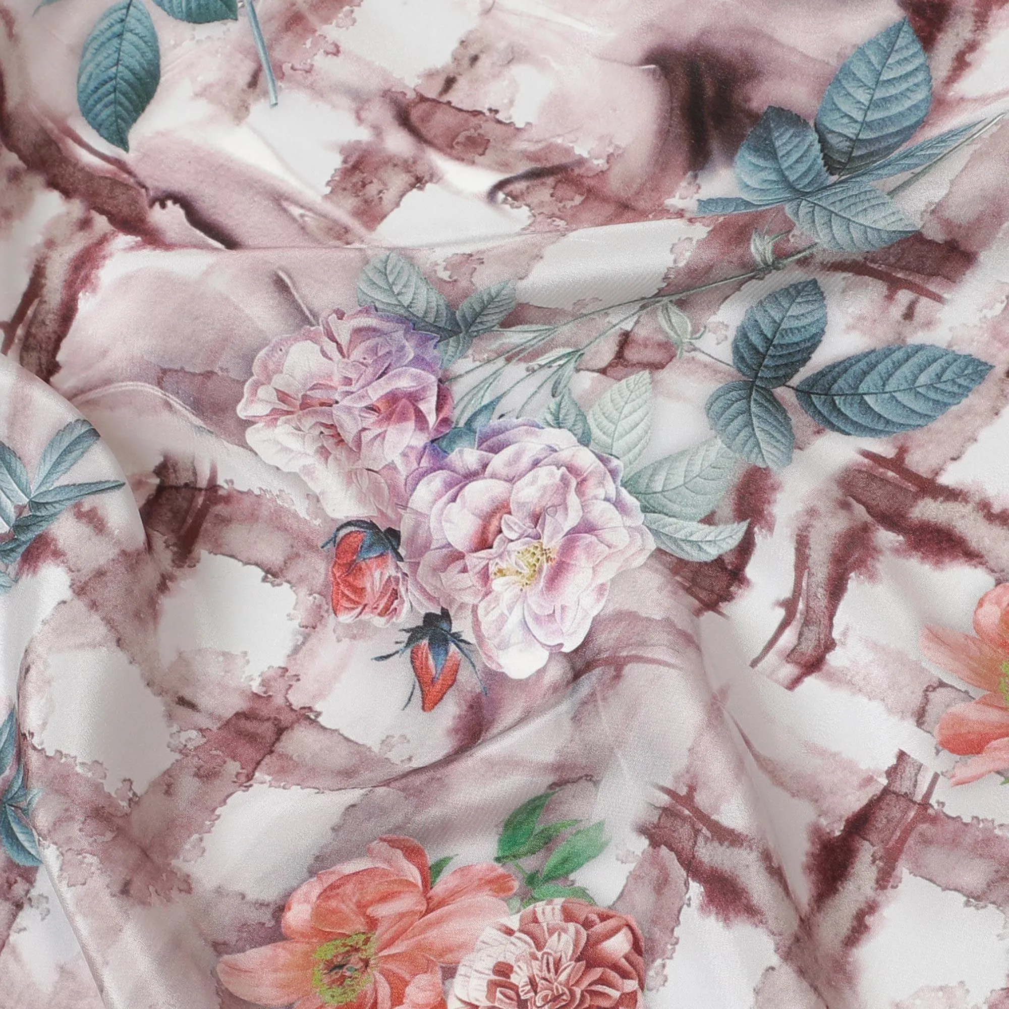 Light rose pink synthetic crepe fabric with multicolor print in floral design-D7639