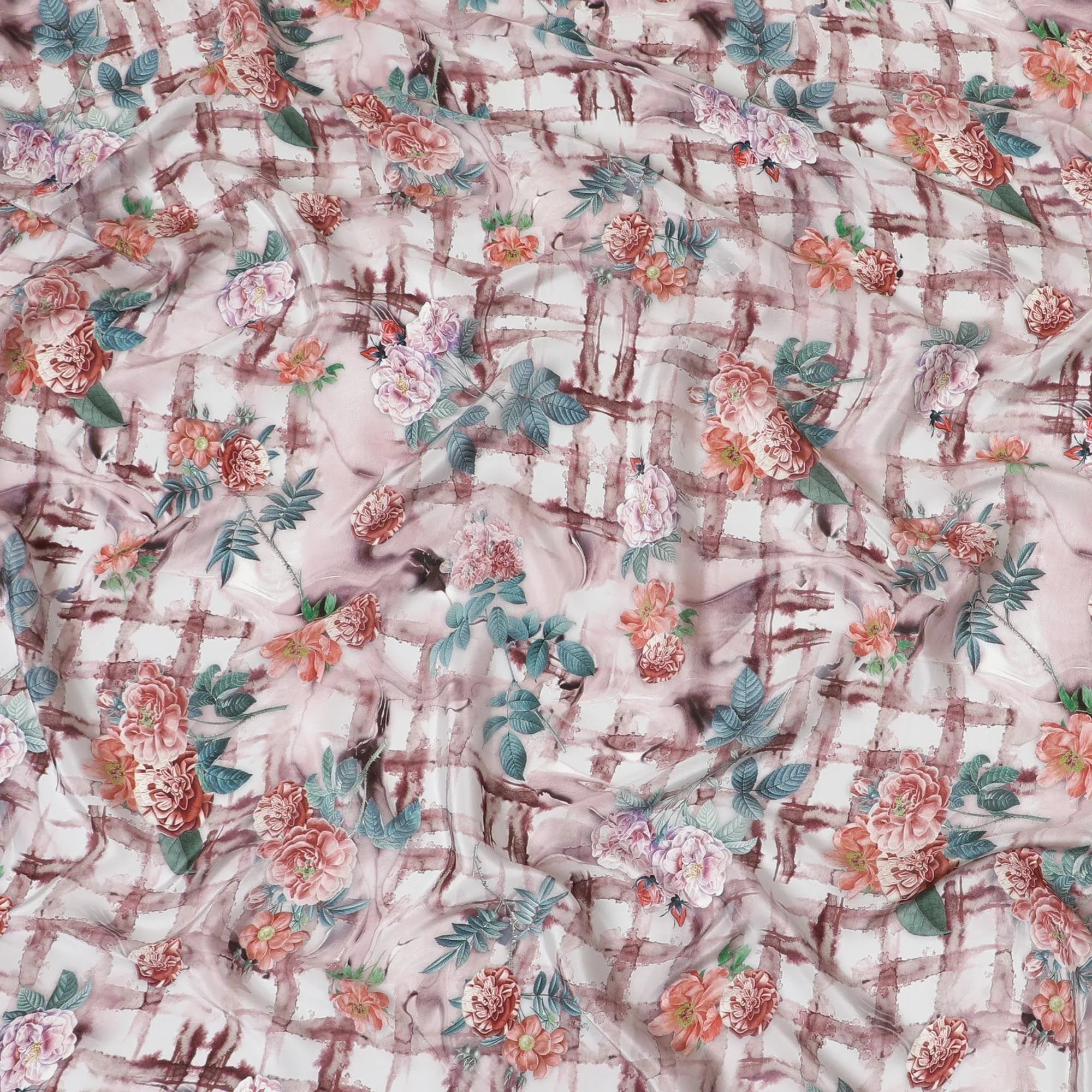 Light rose pink synthetic crepe fabric with multicolor print in floral design-D7639