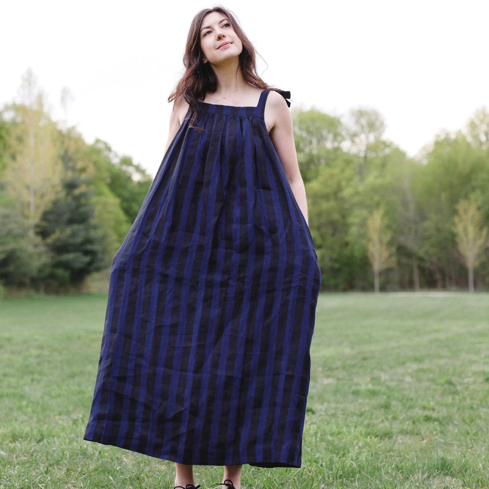 Maxi Mimi Linen Sun Dress in Midnight Wide Stripe