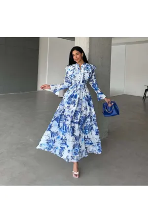 Melanie Long Maxi Dress with Button Front and belt