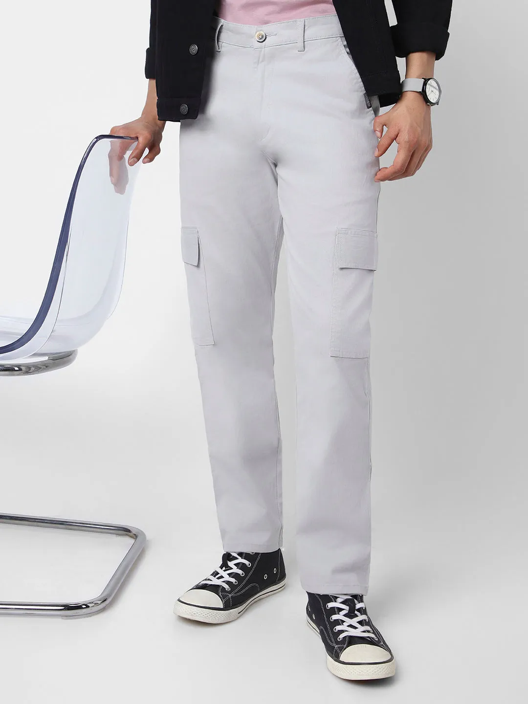 Men's Ice Grey Regular Fit Solid Cargo Chino Pant with 6 Pockets Stretchable