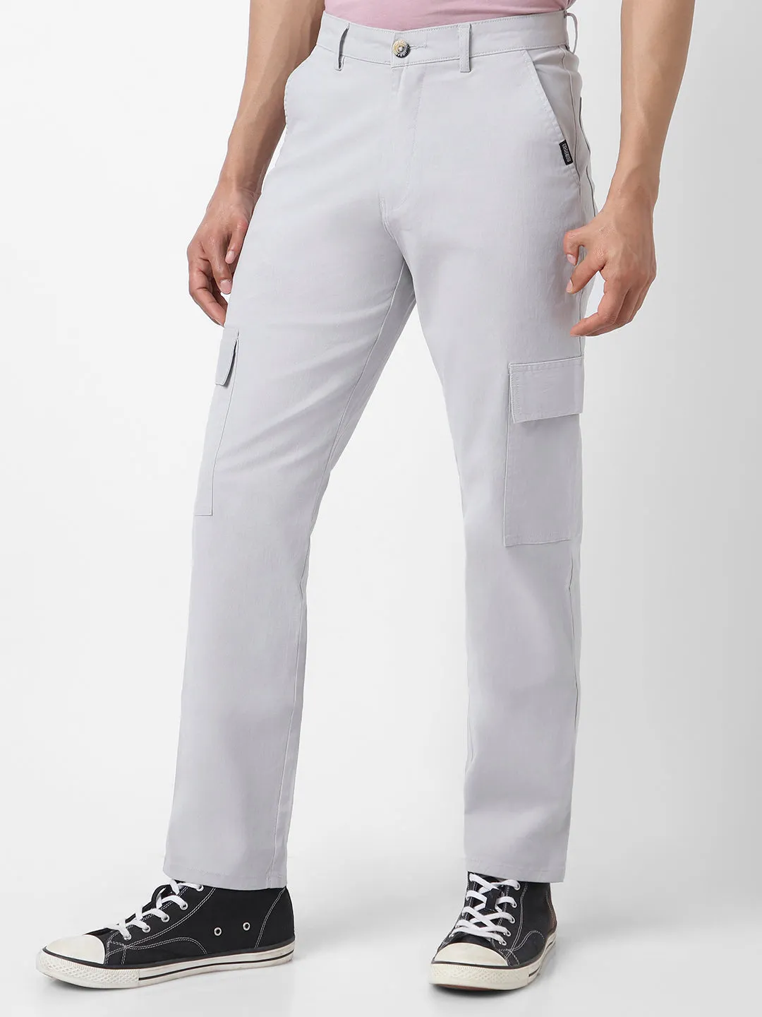 Men's Ice Grey Regular Fit Solid Cargo Chino Pant with 6 Pockets Stretchable