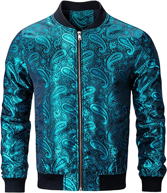 Men's Purple Casual Paisley Windbreaker Long Sleeve Bomber Jacket