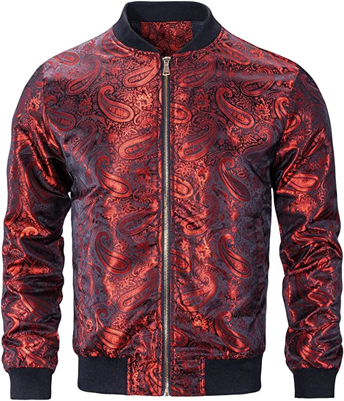 Men's Purple Casual Paisley Windbreaker Long Sleeve Bomber Jacket