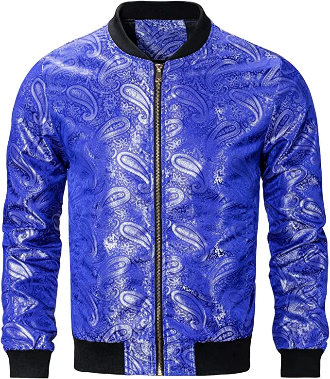 Men's Purple Casual Paisley Windbreaker Long Sleeve Bomber Jacket