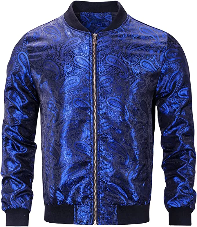 Men's Purple Casual Paisley Windbreaker Long Sleeve Bomber Jacket