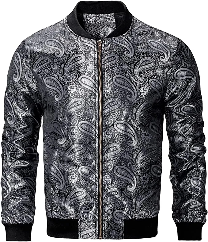 Men's Purple Casual Paisley Windbreaker Long Sleeve Bomber Jacket