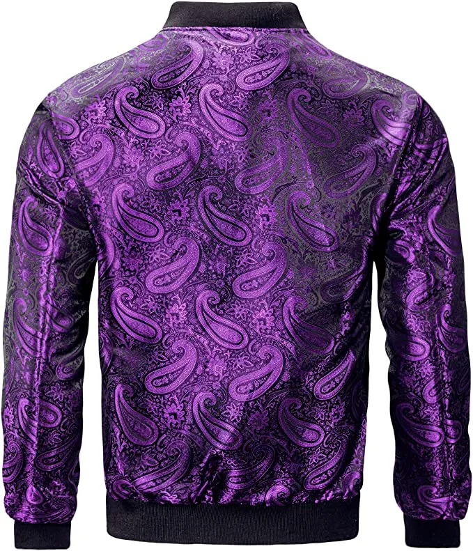 Men's Purple Casual Paisley Windbreaker Long Sleeve Bomber Jacket