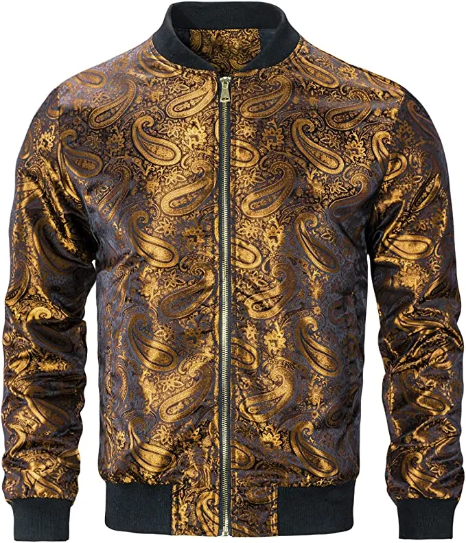 Men's Purple Casual Paisley Windbreaker Long Sleeve Bomber Jacket