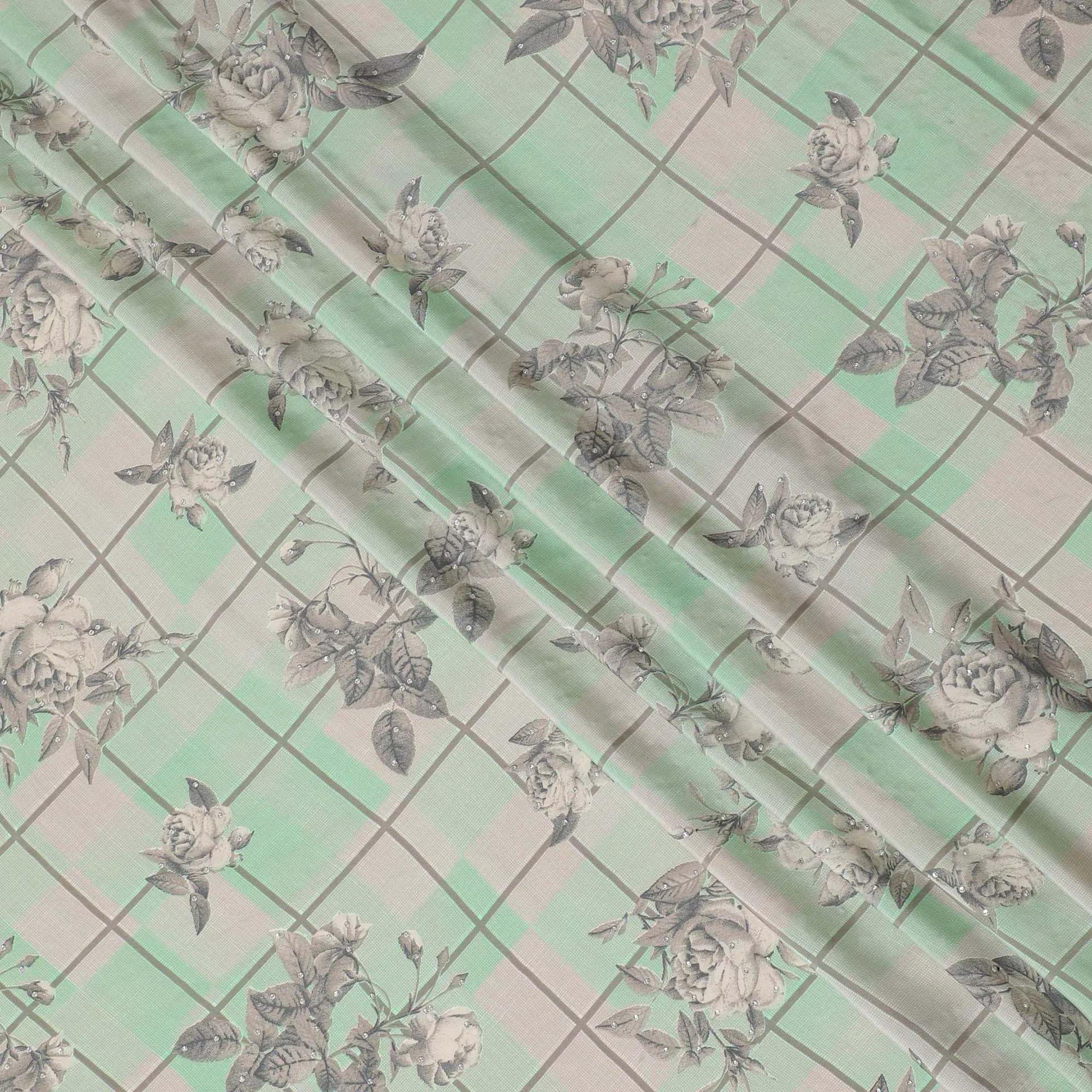 Mint green synthetic crepe fabric with beige and grey print having stone work in floral design-D15297
