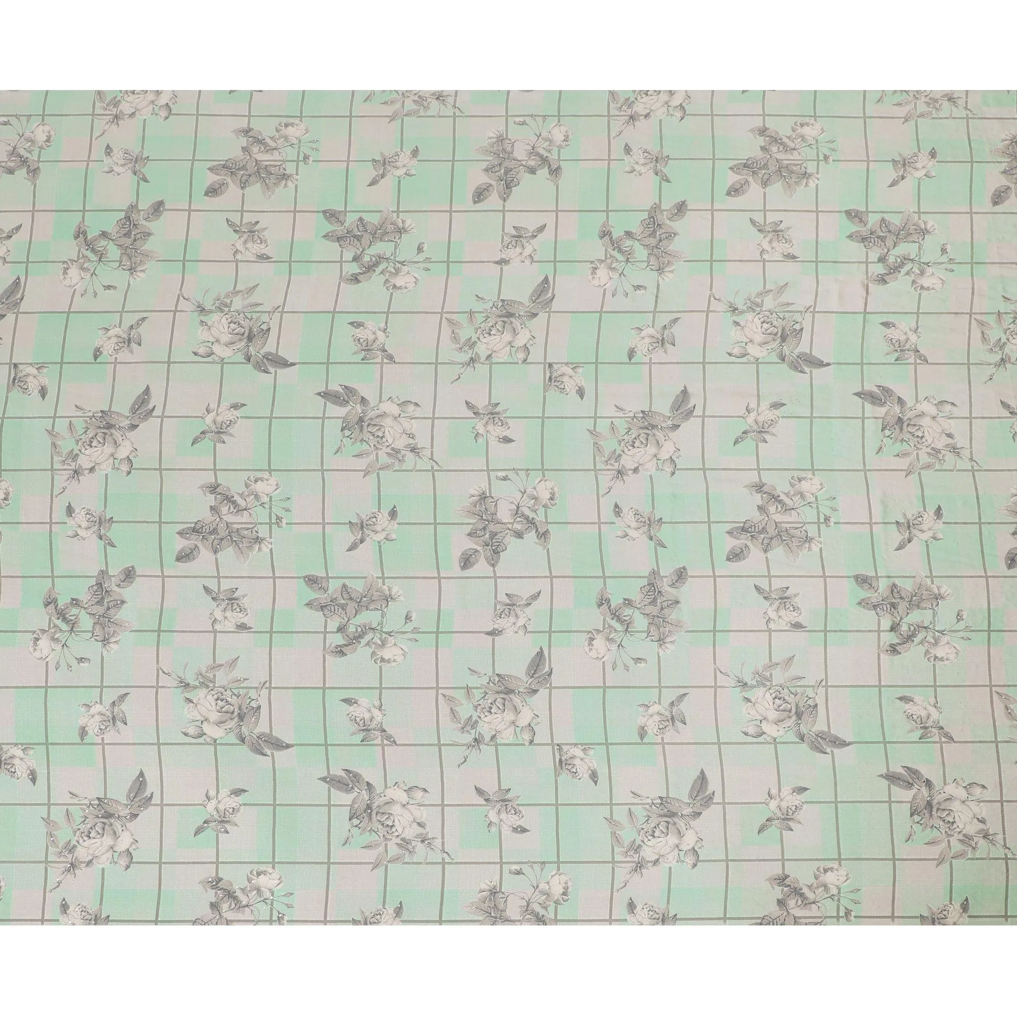 Mint green synthetic crepe fabric with beige and grey print having stone work in floral design-D15297