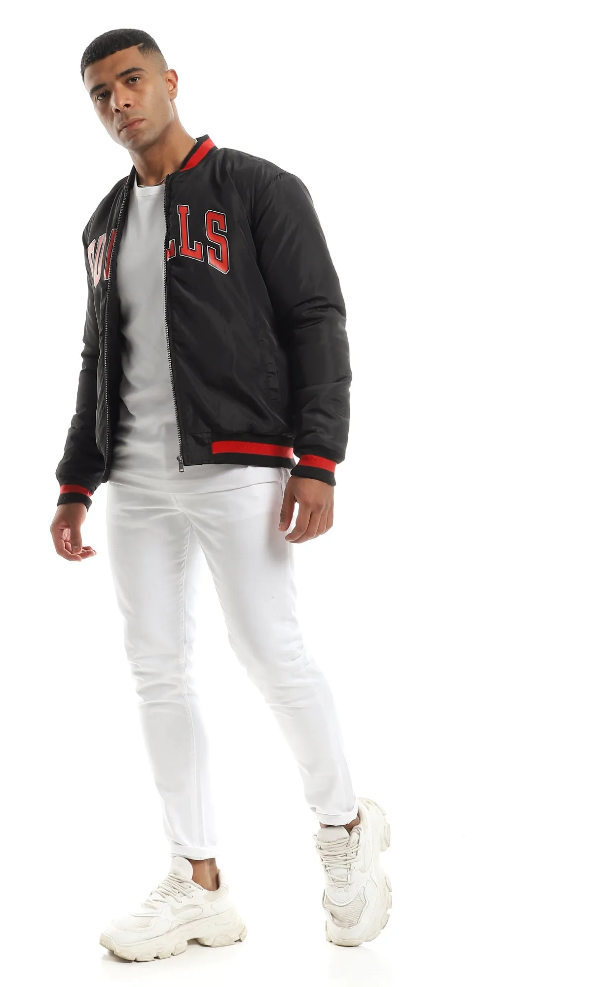 O156193 "Bulls" Bomber Jacket With Striped Neck - Black