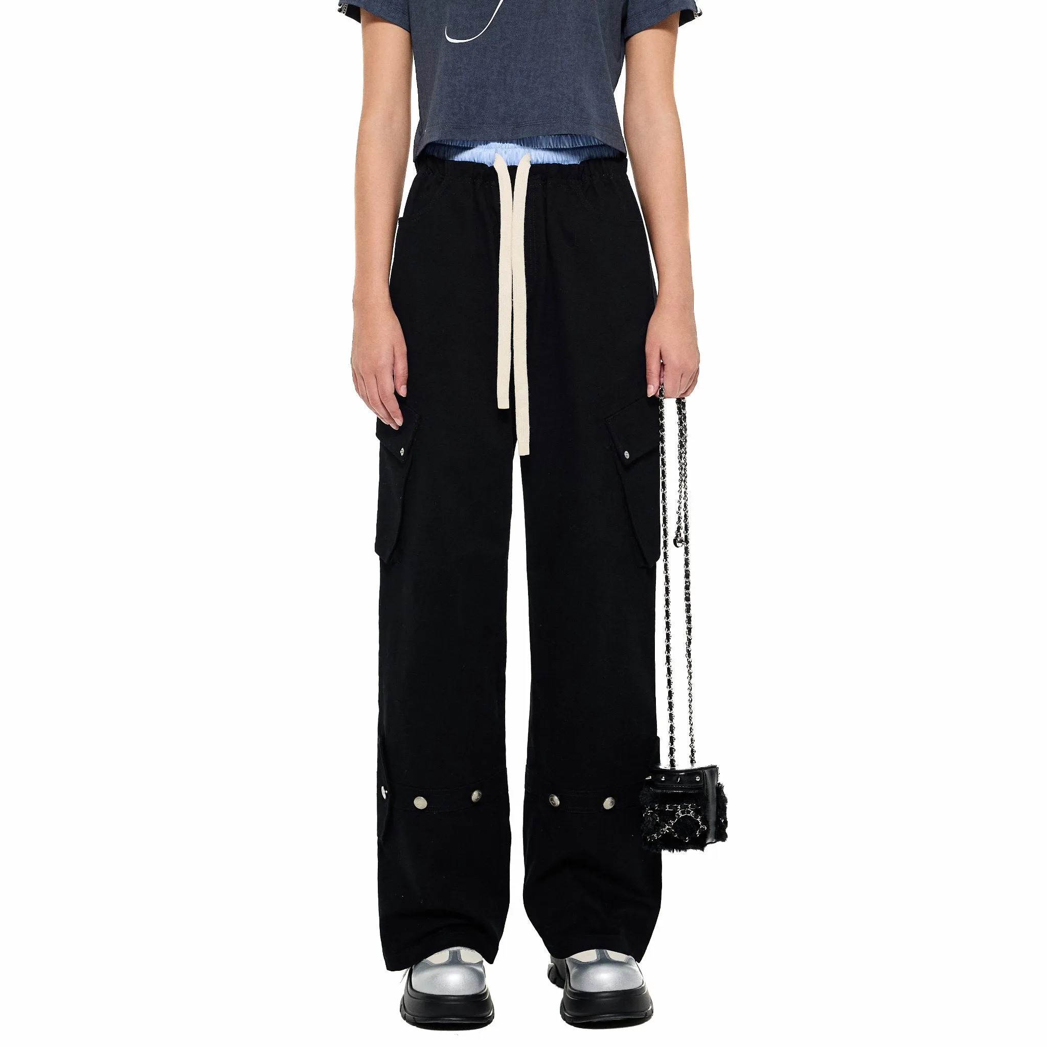 Paperbag-Waist Cargo Trousers in Black